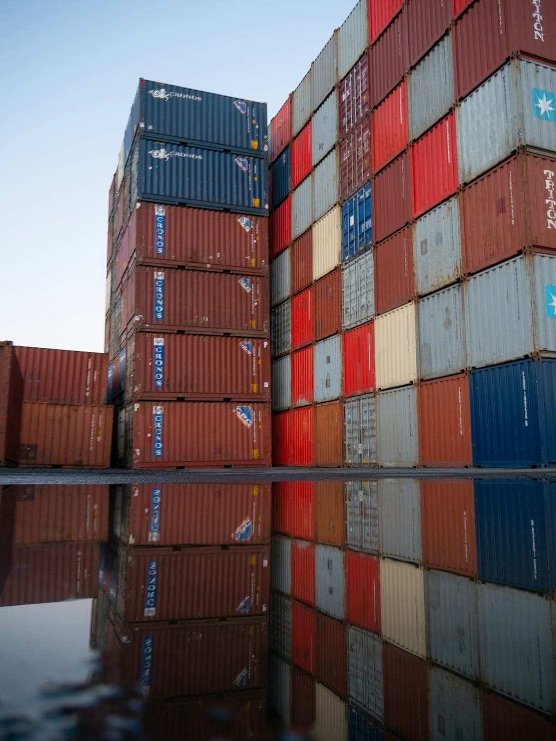 Stacked intermodal shipping containers at a freight terminal