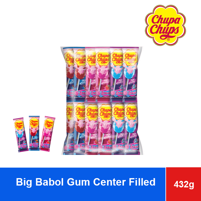 Chupa Chups Lollipop with Big Babol Gum Center Filled 432g ( 12g x 36 pcs) x 24 pouches (Cola, Strawberry, Blueberry) wholesale product